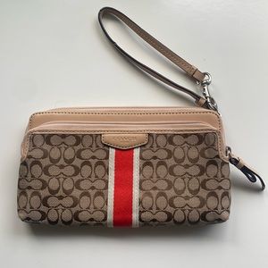 Coach Double Zip Wallet Wristlet In Signature Canvas with red Lining, NWOT